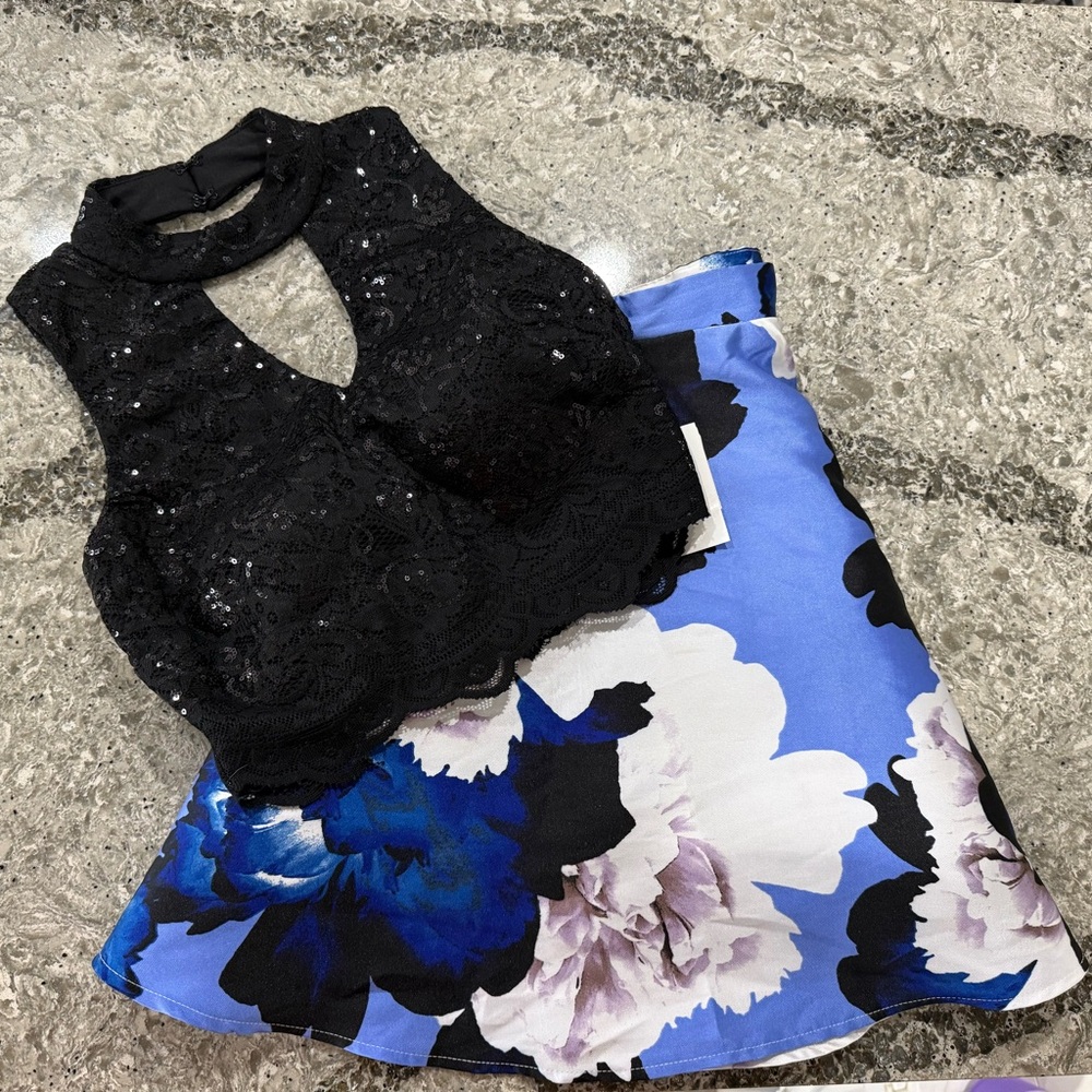Jodi Kristopher Black Lace Top and Blue Floral Skirt Set